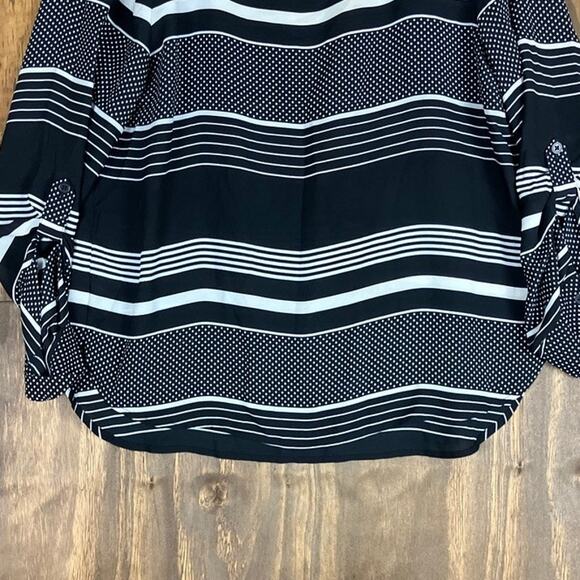 Loft Womens Blouse Black White Stripes Dot Print Petite Roll Tab Sleeve MP - Picture 3 of 12
